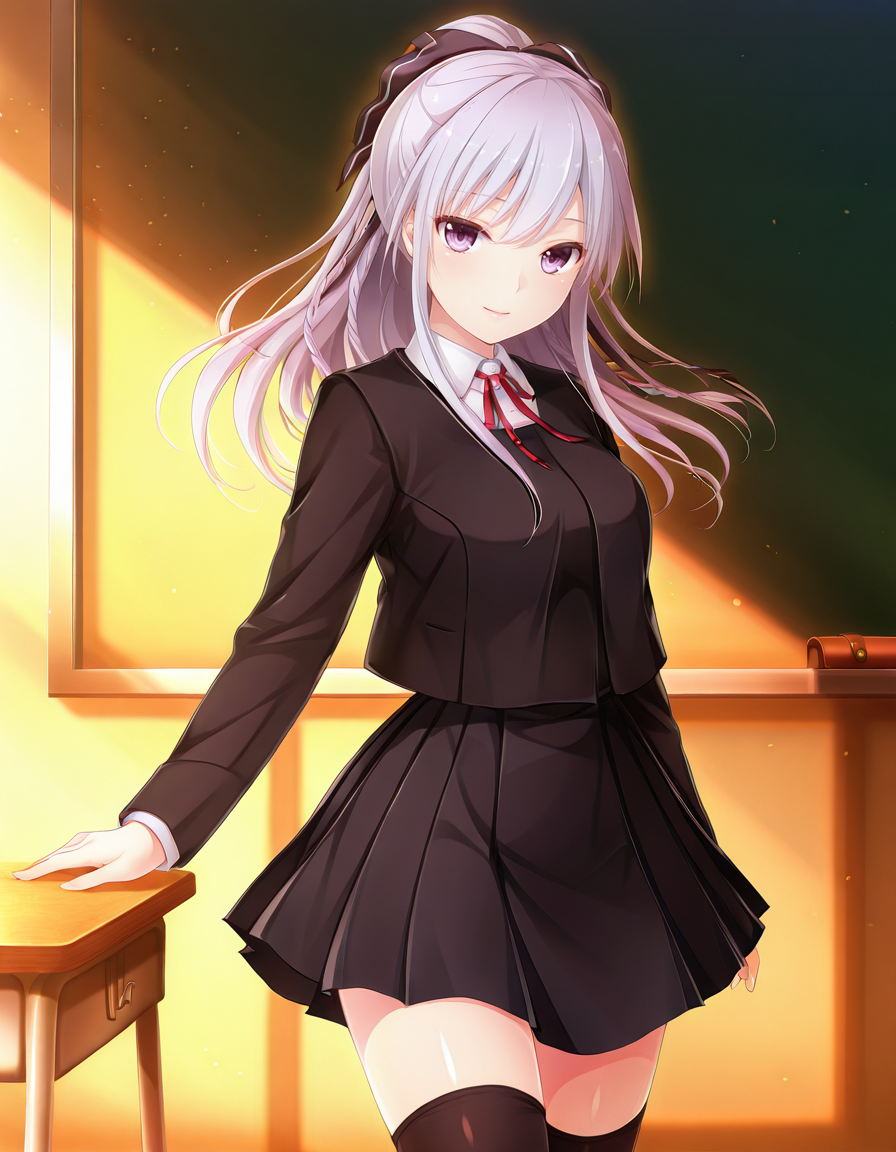 1girl, solo, 
<lora:Kisaragi_Mizuha_LCD_v05:1> kisaragimizuhalcd, braid, hair bow, hair ribbon, black ribbon,
long sleeves, pleated skirt, school uniform, shirt, black jacket, wing collar, red ribbon, thighhighs, zettai ryouiki,
light smile, 
Arms outstretched to the side
classroom, masterpiece, best quality, amazing quality,