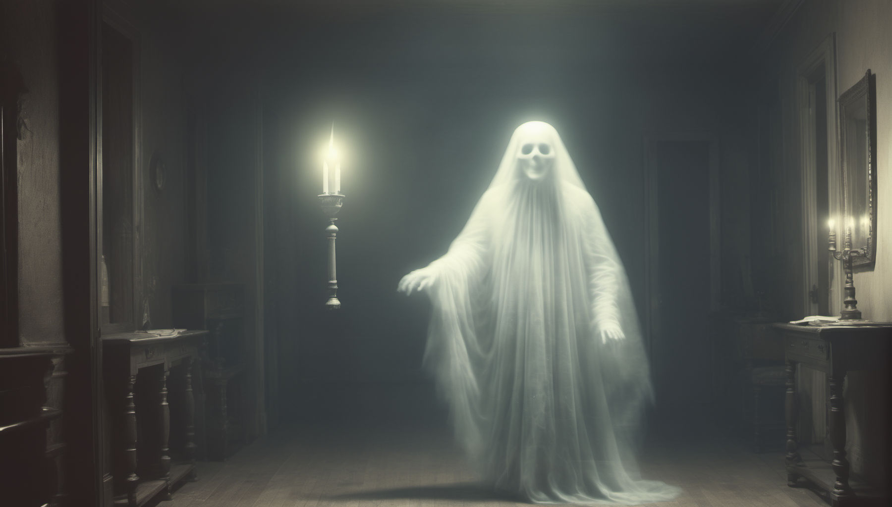 a photo of a transparent victorian ghost holding a candle walking down a hallway <lora:Aether_Ghost_v1_LoRA:0.5>