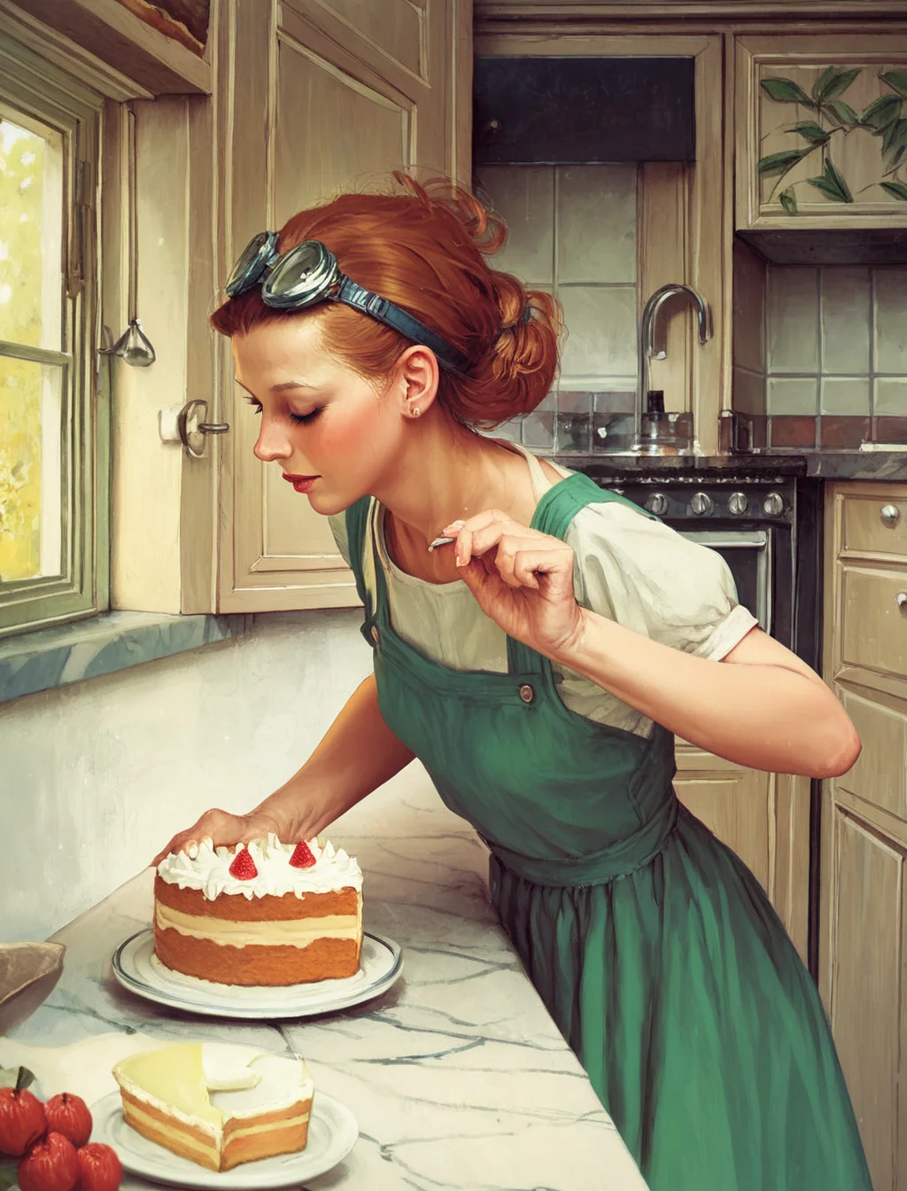 1girl, dress, norman rockwell style, in the kitchen, baking a cake, 1950s style, goggles on her head, closed eyes, green dress, white apron,
score_9, score_8_up, score_7_up, score_6_up, score_5_up, score_4_up, rating_safe,