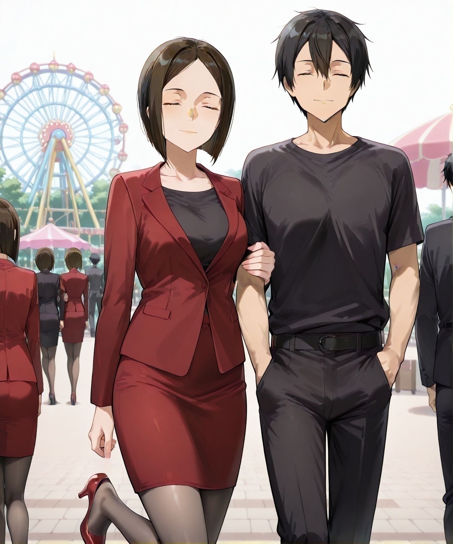 masterpiece,best quality,anime coloring,anime screenshot,
<lora:add-detail-xl:0.5>
<lora:sugar_dating:0.5>sugar_datingV1,
girl hooks her arm around the boy’s arm,amusement park, walking,
1girl, 1boy, hetero,  light smile, facing viewer,  
<lora:Yuuki_Kyouka:1>Yuuki_KyoukaV1,  
 pencil skirt,formal,
red skirt,short hair, black shirt, 
red jacket,yuuki kyouka, white background, 
simple background, mature female,high heels, 
parted bangs,  bob cut,black  pantyhose, 
kirito,