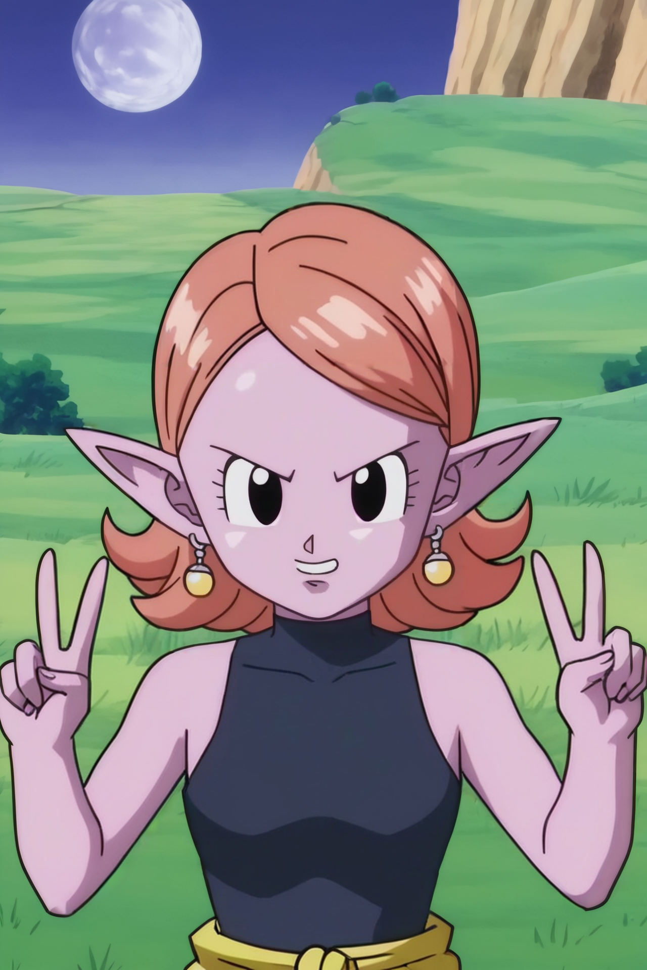 source_anime, score_9, score_8_up, score_7_up, anime screencap,8k, absurdres, 
chronoa, potara earrings, orange hair, pointy ears, black eyes, colored skin, purple skin,
potara earrings, bare arms, blue leotard, sleeveless turtleneck leotard, upper body, 
double v,  moon, grass, 
 <lora:chronoa_pony_v1:0.8>