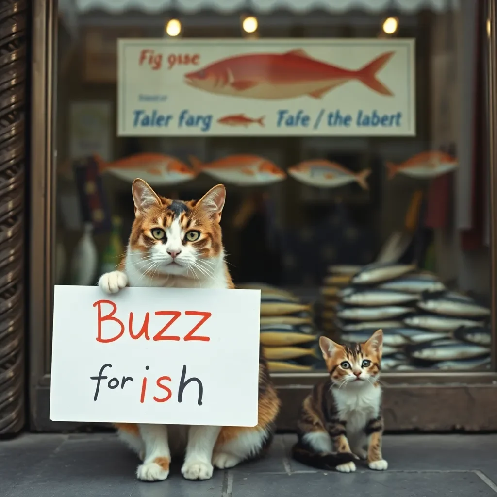 realistic photograph, 1960's ambiance, in Moscow, A Calico cat holding a sign with her paw in front of a shop selling fresh fishes; the sign says "Buzz for Fish"; another Kitten sitting besides the cat