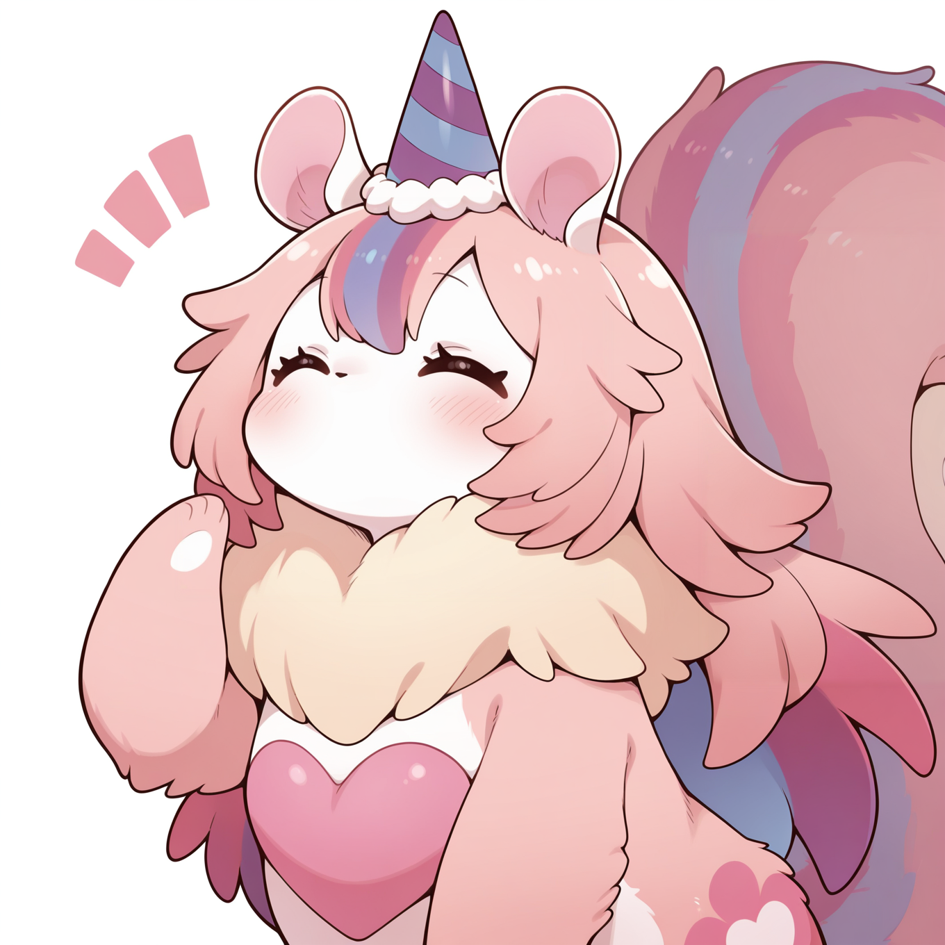 melffy mommy, party hat, closed eyes, no humans, blush, heart, solo, white background, squirrel girl, simple background, animal focus, pink fur, ^ ^, no mouth, ^^^, hand up, animal nose,
masterpiece,best quality,amazing quality,very aesthetic,absurdres,newest,<lora:Melffy Mommy illuXL v1.1:0.75>,
