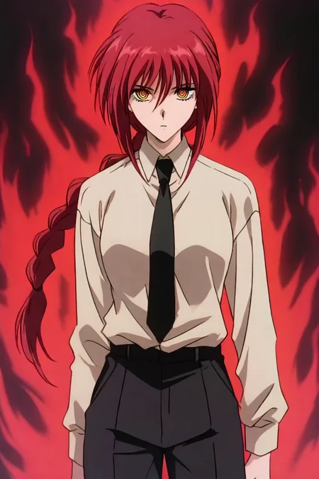 <lora:mak1ma0XL_Pony_v1:0.6> , mak1ma0, (makima:0.5), red hair, long hair, aura, ringed eyes, braid, white collared shirt,black necktie, black pants, standing, 1girl, solo, alone, <lora:rurouni_kenshin_1996_illustriousXL:0.8>, masterpiece,rurouni_kenshin_1996_style, highres