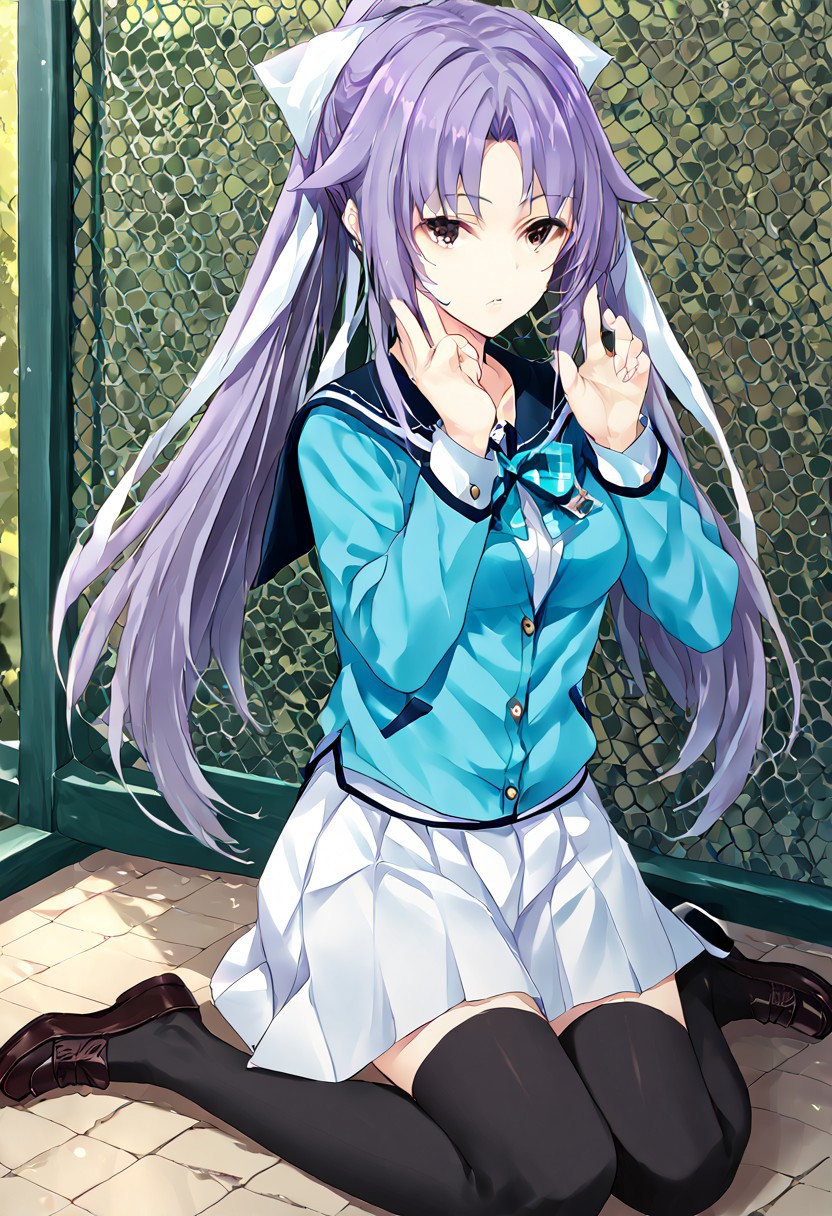 score_9, score_8_up, score_7_up, score_6_up, score_5_up, score_4_up, source_anime, 1girl, solo, 
hime, purple hair, brown eyes, seihuku, light blue uniform, light blue ribbon, white skirt, black_thighhighs, loafers, 
masterpiece, best quality, very aesthetic, absurdres,