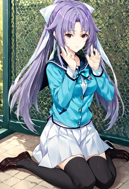score_9, score_8_up, score_7_up, score_6_up, score_5_up, score_4_up, source_anime, 1girl, solo,
hime, purple hair, brown eyes, seihuku, light blue uniform, light blue ribbon, white skirt, black_thighhighs, loafers,
masterpiece, best quality, very aesthetic, absurdres,