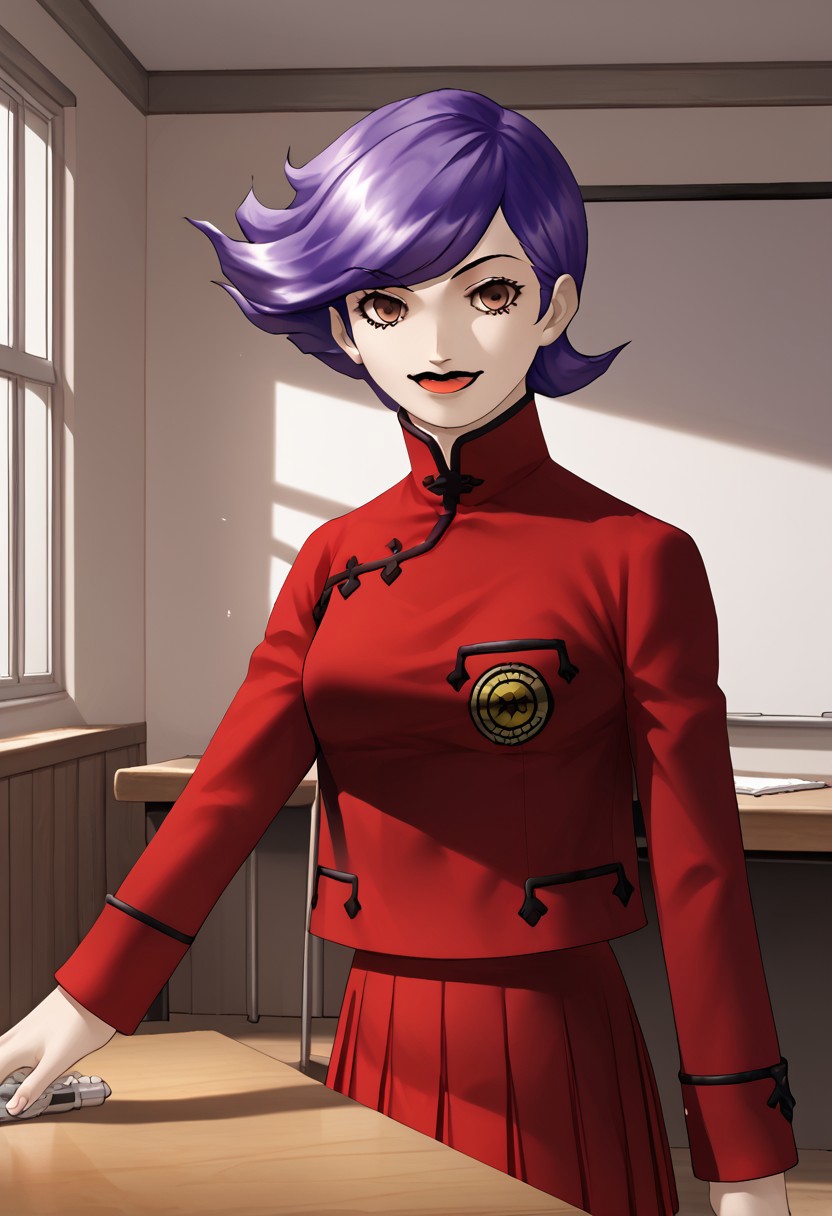 score_9,score_8_up,score_7_up,source_anime,5_figner,2d_animation,game cg,BREAK,1girl,sagami_kei,short hair,swept bangs,purple hair,brown eyes,red lips,school red uniform,red skirt,pleated skirt,black pantyhose,long sleeves,
medium breasts,upper body,looking at viewer,smile,front view.standing,
kanekostyle, lipstick, eye shadow, eyelashes
school,class room,desk,chair,blackboard,window, 
masterpiece,best qualit,ultra-detailed,illustration,an extremely delicate and beautiful,beautiful detailed eyes,unity 8k wallpaper,high resolution,anime CG,official_art,