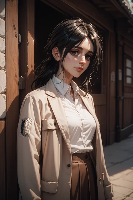 score_9, score_8_up, score_7_up, score_6_up, score_5_up, score_4_up, source_anime, <lora:Pieck Finger-PonyXL-lora-Faxtron:0.8> pieck finger, black eyes, black hair, long hair, medium breasts, beige jacket, white shirt, brown skirt,