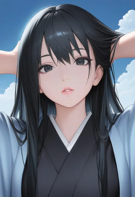 1girl, sky, black hair, long hair, masterpiece, black eyes, Yuki-Onna, parted lips, looking at viewer, kimono, black kimono, outdoors, arms behind head, adjusting hair, cloud, volumetric lighting, blue sky, portrait, upper body,