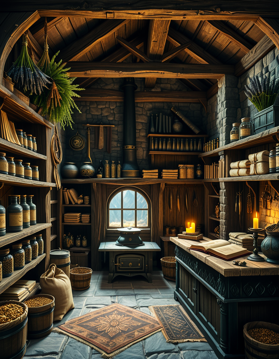 A highly detailed, realistic photograph of a medieval-style general store inspired by Skyrim, captured in soft, natural lighting. The interior features wooden beams and stone walls, aged and weathered, with shelves overflowing with various items: leather-bound books, glass potion bottles glowing faintly in green and blue hues, sacks of grains, and woven baskets filled with herbs. In the corner, a rustic fireplace crackles gently, casting warm, golden light across the room. Weapons like iron swords and steel daggers hang neatly on a wooden rack behind the counter, while a fur rug covers part of the worn wooden floor. On the wooden counter lies a small pile of gold coins beside an old ledger, with a candle burning low. The window shows a misty, pine-filled landscape outside, with soft daylight filtering through. The atmosphere feels cozy, immersive, and authentically Nordic, with rich textures, muted earthy colors, and a slightly cinematic fantasy style. No people are present, only the quiet ambiance of a world at rest.
<lora:SDXLFaeTastic2400:0.4> <lora:extremely_detailed:0.4> extremely detailed,<lora:skyrim_general_st0r3:1>,skyrim general st0r3, Masterpiece,best quality,hi res,8k,hi res,8k,award winning,(sharp focus, intricate, highly detailed),