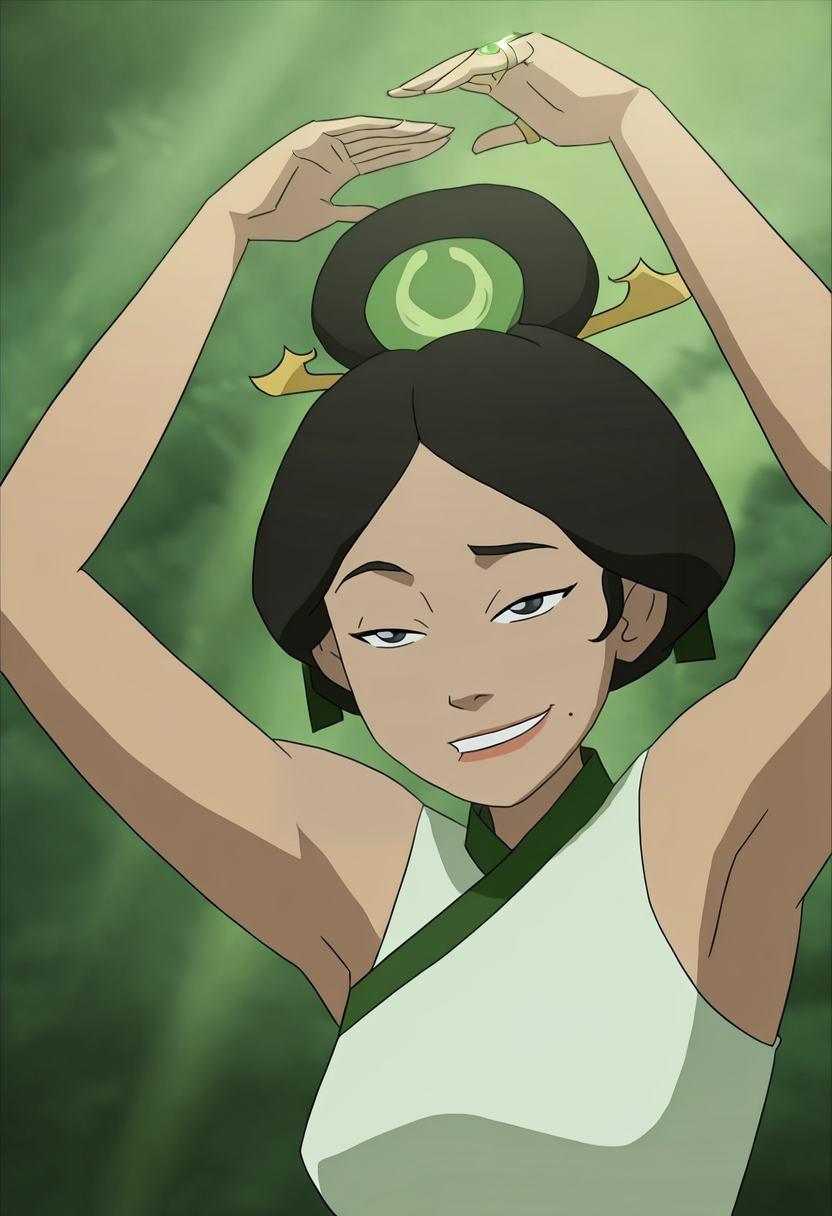 In the Avatar Animation style, 1girl, ring girl, solo, smile, black hair, hair ornament, dress, sleeveless, armpits, mole, arms up, sleeveless dress, parody, mole under mouth,
<lora:Avatar-Anime-Style2:1>,