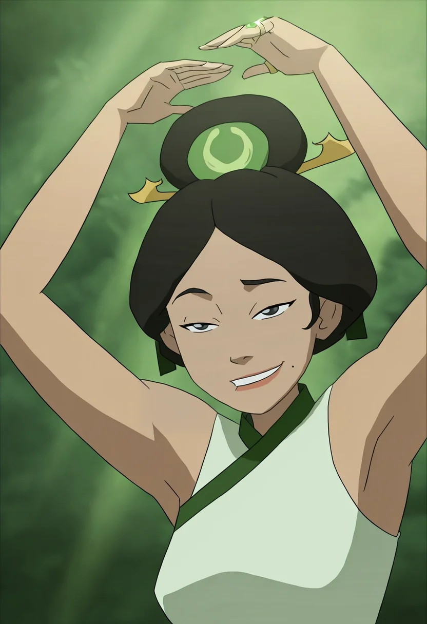 In the Avatar Animation style, 1girl, ring girl, solo, smile, black hair, hair ornament, dress, sleeveless, armpits, mole, arms up, sleeveless dress, parody, mole under mouth,
<lora:Avatar-Anime-Style2:1>,