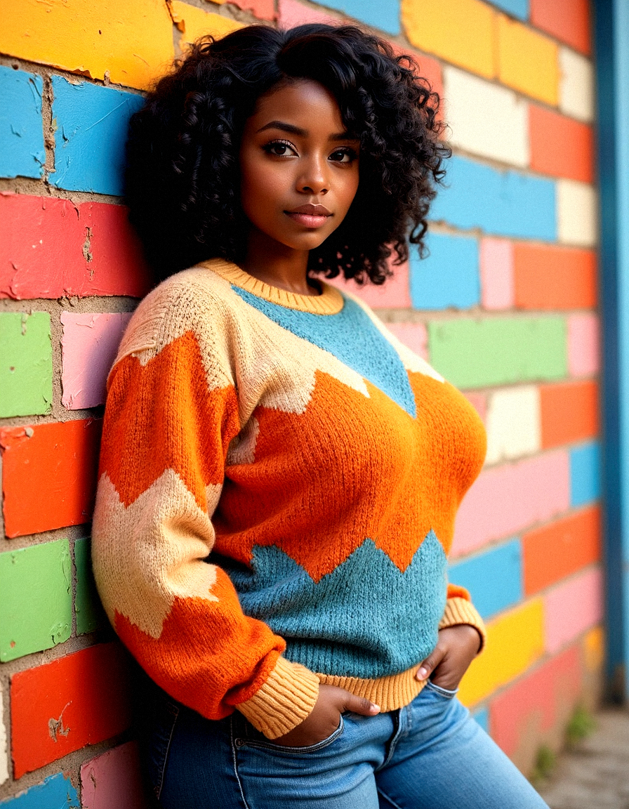 Depict a photorealistic scene of a glamorous and voluptuous woman with dark,  Curly Bob,  dark skinned wearing a colorful sweater, large breasts, thick eyebrows,  standing against a multicolored brick wall. Her sweater features retro-inspired geometric patterns in orange, blue, and beige, which harmonize with the bright hues of the wall behind her. Each brick is painted a different color, forming a playful mosaic of soft pastels and vibrant tones. The woman's expression is calm yet confident, her gaze focused on the viewer. Enhance the textures of the wall, giving each brick a slightly worn look, contrasting with her polished appearance. The soft lighting should create a gentle shadowing effect on the wall, emphasizing the color contrasts and giving depth to the scene. Accentuate the colors to make the scene lively and dynamic.

Visual Aesthetics for Enhancing Photorealism:
High-definition and intricate textures on the bricks such as slight crack, slightly dirty, and subtle moss growing on wall.
Detailed texture of fabric creases.
Enhanced definition of the brick edges.
Natural skin texture, with fine details.
Slight weathering effect on the wall.
Subtle highlights in her eyes.
Enhanced lighting on her sweater’s texture.


Resting her back against the wall, with her hands in her pockets, her gaze calm and inviting.
