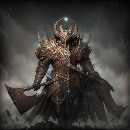 , score_8, score_9up, score_7, score_6, score_5 holding axe, Horned helmet, tzeentch,  armor