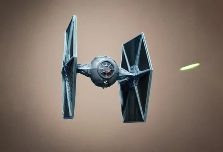 TIE fighter a star wars tie fighter flying through a city,military,no humans,night,star (sky),flying,science fiction,realistic,aircraft,space,vehicle focus,spacecraft , star wars style, battle, laser beam from tie fighter, green weapon, burstfir, shallow depth of field, vignette, highly detailed, high budget, bokeh, cinemascope, moody, epic, gorgeous, film grain, grainy