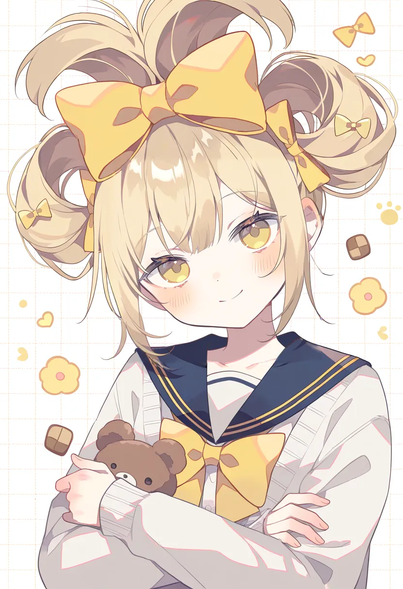 1girl, yumenouchi chiharu, alternate hairstyle, blonde hair, blue sailor collar, blush, cinnamiku hairstyle, closed mouth, dot nose, hair bow, head tilt, hugging object, long sleeves, school uniform, short hair, sidelocks, smile, solo, updo, white cardigan, yellow bow, yellow eyes, very awa, very aesthetic, masterpiece, best quality, amazing quality, absurdres