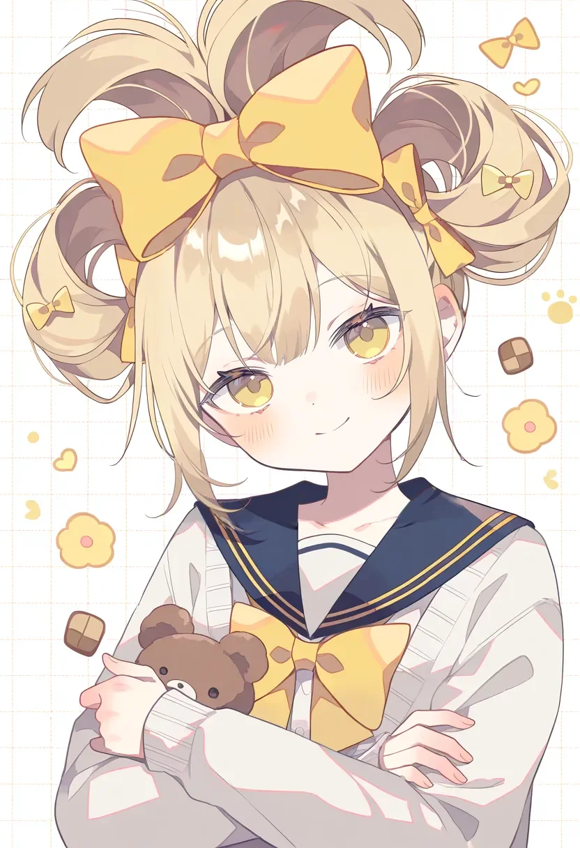 1girl, yumenouchi chiharu, alternate hairstyle, blonde hair, blue sailor collar, blush, cinnamiku hairstyle, closed mouth, dot nose, hair bow, head tilt, hugging object, long sleeves, school uniform, short hair, sidelocks, smile, solo, updo, white cardigan, yellow bow, yellow eyes, very awa, very aesthetic, masterpiece, best quality, amazing quality, absurdres