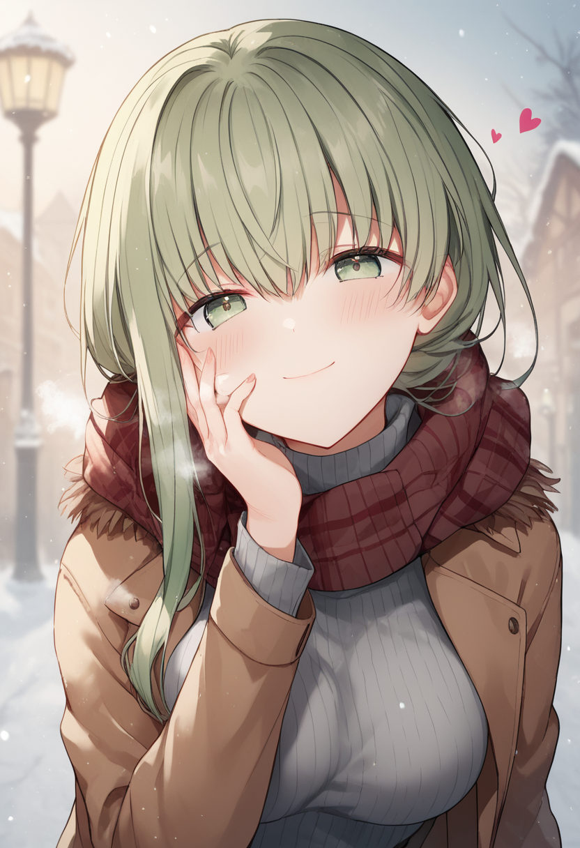 saint_cecilia, single sidelock, very long hair, green eyes, green hair, losse hair, official art, medium breasts, blush, smile, heart, red scarf, eyebrows visible through hair, plaid scarf, long sleeves, looking at viewer, ribbed sweater, closed mouth, solo, blurry background, upper body, sleeves past wrists, grey sweater, hand up, breath, hair between eyes, brown coat, brown jacket, depth of field, turtleneck sweater, open jacket,open coat,solo, turtleneck, pov, fingernails, head tilt, hand on own face, hand on own cheek, fringe trim, winter clothes, outdoors, street Expressiveh  BREAK score_9, score_8_up, score_7_up, source_anime ,zPDXL,<lora:Saint_Cecilia:0.8>, solo,  <lora:Expressive_H:1>