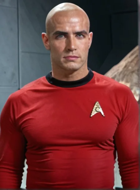 1boy, 20 year old male, Handsome, masculine, blonde, star trek, red shirt, muscle, tall, tight shirt, wide pectorals, big shoulders, wide shoulders, muscular neck, German, bald,
stunf, star trek uniform,