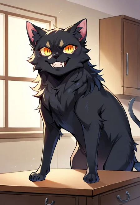 score_9, score_8_up, score_7_up, (source_anime, rating_safe, three quarter view, no humans, Animal focus), (grin, fangs), (Black cat,solo, black fur, yellow eyes, tail, ribbon), (kitchen, table) BREAK (standing on table)