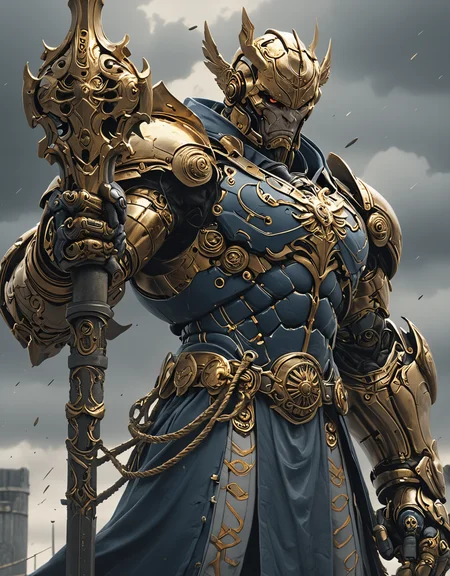 Manga style, giant guardian of heaven's gate, disproportionate, cyborg style, holding a golden mace in his hand, strong, powerful, angry, fantasy style, Oscar Chichoni, Jeff Simpson, Jean Baptiste Monge, Berksinski, dark and cloudy environment (Turner), high contrast, dark blue and gray tones, golden armor, hyperrealistic, 4K<lora:Sinozick:1> <lora:epi_noiseoffset2:1>