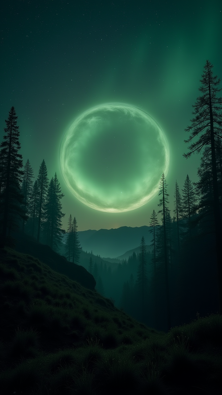 view from a 1900'S camera angle, hillside and Cygnus Cosmic background radiation in background, (Magic ring:1.2) , made from Trees, at deep green hour, Loathsome and in focus, Tinycore, F/5, detailmaximizer