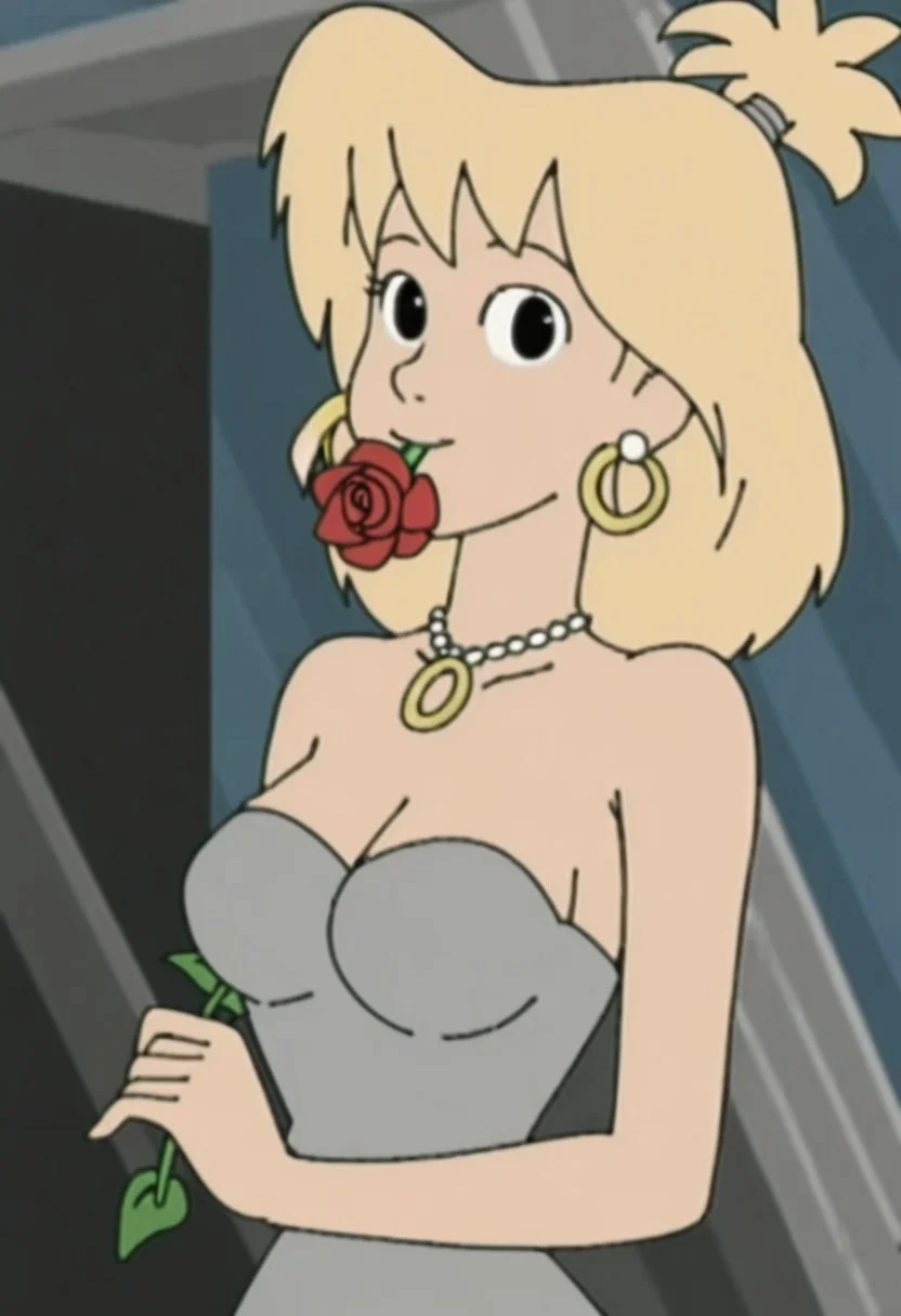 woman, tiffany, kangoo,1girl, jewelry, flower, solo, earrings, blonde hair, dress, necklace, breasts, rose, flower in mouth, red flower, looking at viewer, strapless dress, holding, strapless, upper body, grey dress, petals, medium hair, red rose, mouth hold, holding flower, medium breasts, bare shoulders, black eyes