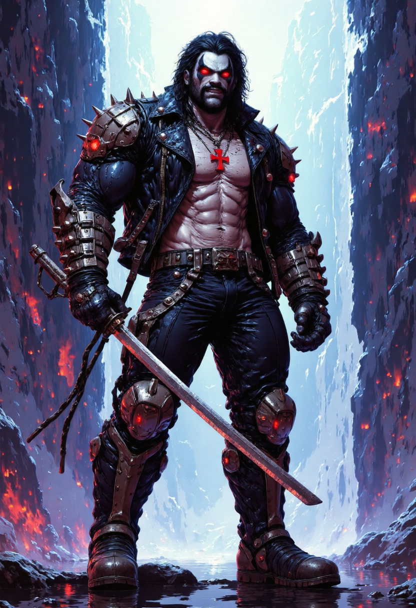 depicts L0b0Dc man stands in front of an alien serene waterfall. The soft, ambient lighting accentuates the brute features of his face and the contours of his toned physique, he holds a katana with neon lights, he wears armor on his legs and heavy boots, on his chest only a leather jacket with spikes and a neon red cross pendant, while vibrant colors and intricate details bring the scenery to life. anime_martz, anime_source, DB4RZ, DB4RZ style painting, anime, cyberpunk, Detailed hand, Hand, Perfect hand, anime, cyberpunk, Katana<lora:CustomFlux/L0b0Dc.safetensors:1.0:1.0> <lora:Flux/Handv2.safetensors:0.5:0.5> <lora:Flux/CPA.safetensors:0.75:0.75> <lora:Flux/katana-v01.safetensors:1.0:1.0>