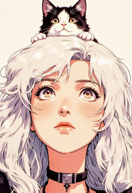 ( front wiev)a girl with white hair. looking upwards with a calm, dreamy expression. A small black and white cat is resting on her head, peeking over her hair and looking down at her with wide eyes. The artwork has a soft, illustrative style, and the girl's lips are slightly parted, adding to the serene mood. She is wearing a choker, long wave white hair The background is neutral, emphasizing the characters.