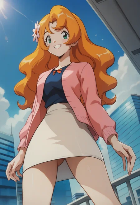 score_9, score_8_up, score_7_up, score_6_up, <lora:PMDaisy:0.9>, PMDaisy, green eyes, mole under eye, bangs, long hair, orange hair, wavy hair, hair ornament, hair flower,
pink cardigan, white skirt, pencil skirt, v-neck, light blue footwear,
standing, legs apart, from below, smile, looking at viewer, teeth, 
BREAK blue sky, cityscape, sunlight, day,