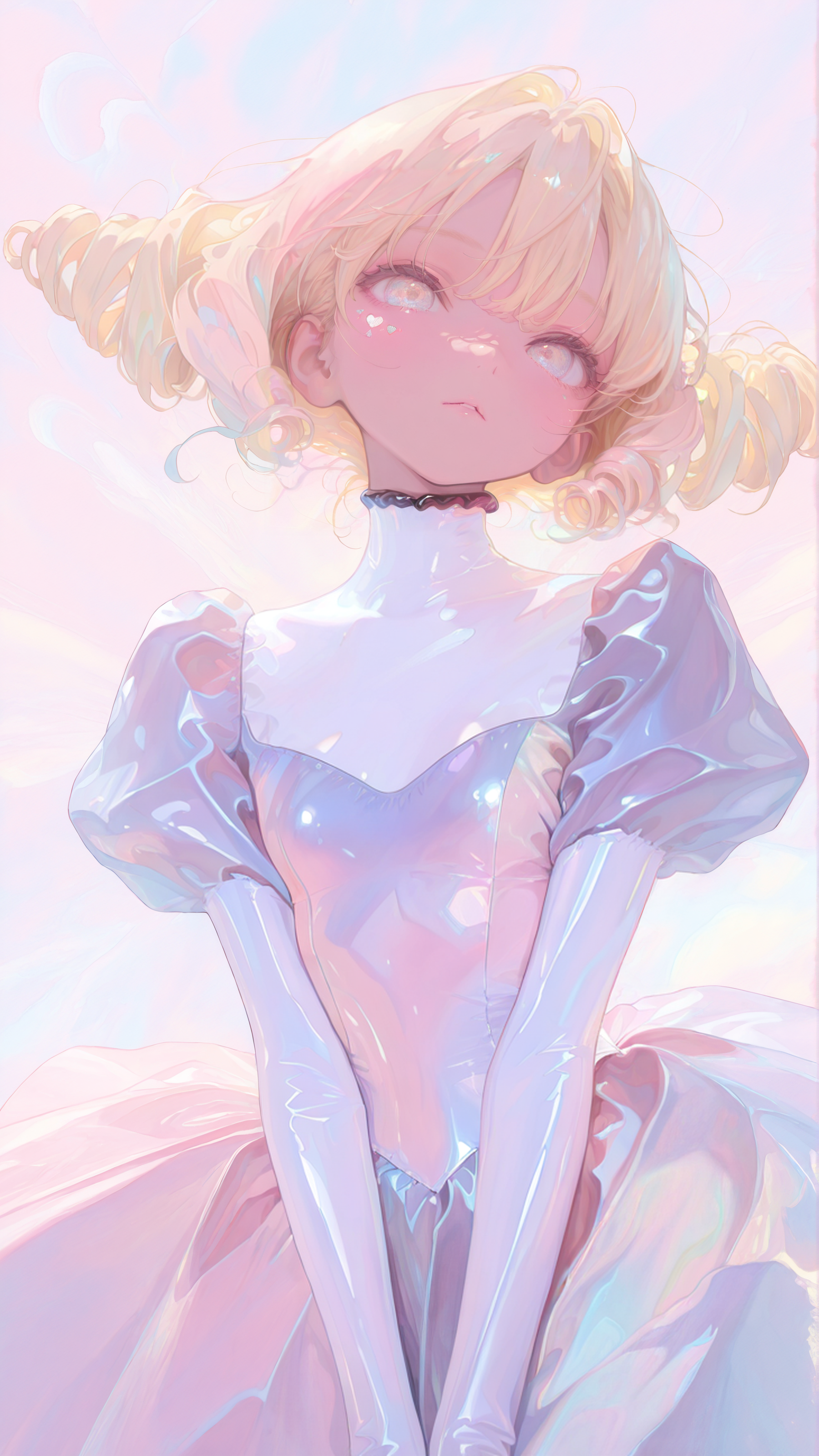 masterpiece, newest,absurdres,incredibly absurdres, best quality, amazing quality, very aesthetic, pastel colors, abstract background, surreal, 
1girl, shiny blue latex, blonde hair, drill hair, multicolored dress, 
 <lora:HassaKu_style:1>HassaKu_illu