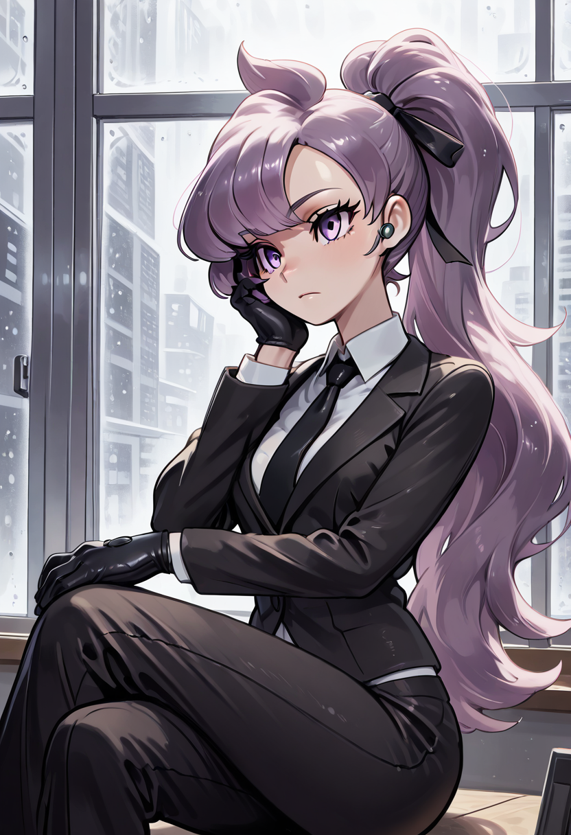 masterpiece, best quality, 1girl, solo, eyelashes, (beautiful eyes),     zzAnabel, purple hair, purple eyes, long hair, ponytail, ribbon, hair ribbon, bangs, black ribbon, black suit, formal, black tie, black gloves, office, rainy window, sitting, crossed legs, serious expression â The soft patter of rain streaks across the tall window behind Anabel as she sits alone in a dimly lit office. Her formal black suit hugs her frame with precision, gloved hands folded neatly atop one knee. Her purple eyes stare out through the glass, reflecting the gray world beyond. A single strand escapes her ponytail, curling softly against her cheek. The mood is somber, filled with tension and thought, like the calm before a storm. , <lora:AnabelPokemon_IXL_v2:1.0>,