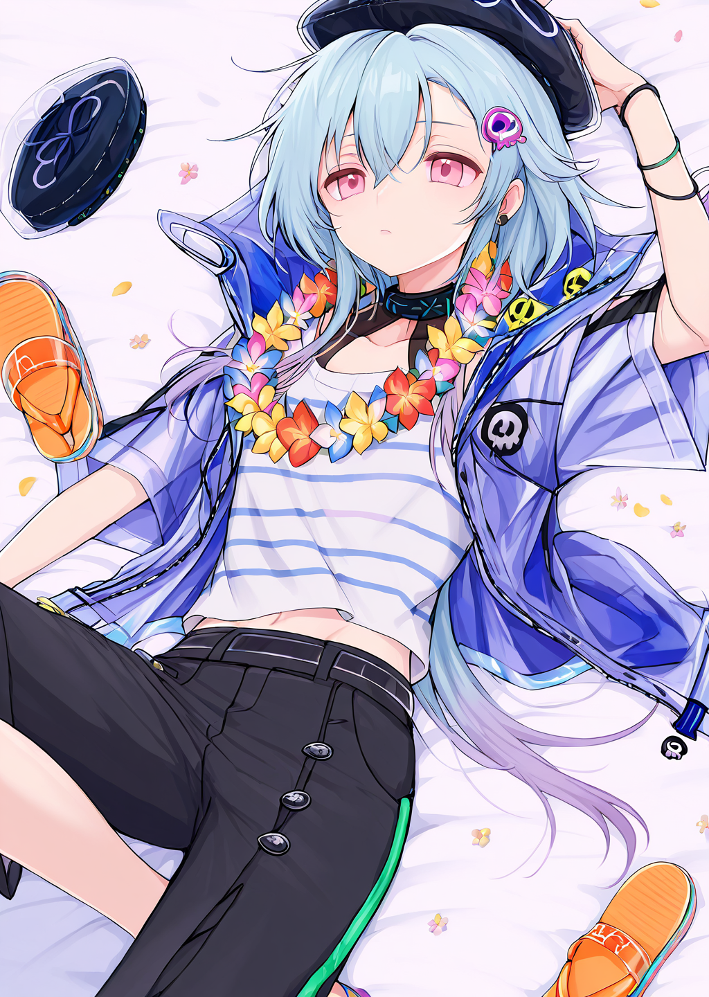 <lora:ShimizuAkina250208:1>,ShimizuAkina,OcBoy,<lora:mizuki_arknights_for_IL:1>,mizuki_\(remove\)_\(arknights\),mizuki_\(summer_feast\)_\(arknights\),blue hair,black headwear,pink eyes,gradient hair,beret,black collar,hair ornament,striped shirt,cropped legs,flower necklace,blue jacket,sandals,<lora:NOOB_vp1_detailer_by_volnovik_v1:1>,<lora:noobai_ep11_stabilizer_v0.138_fp16:1>,