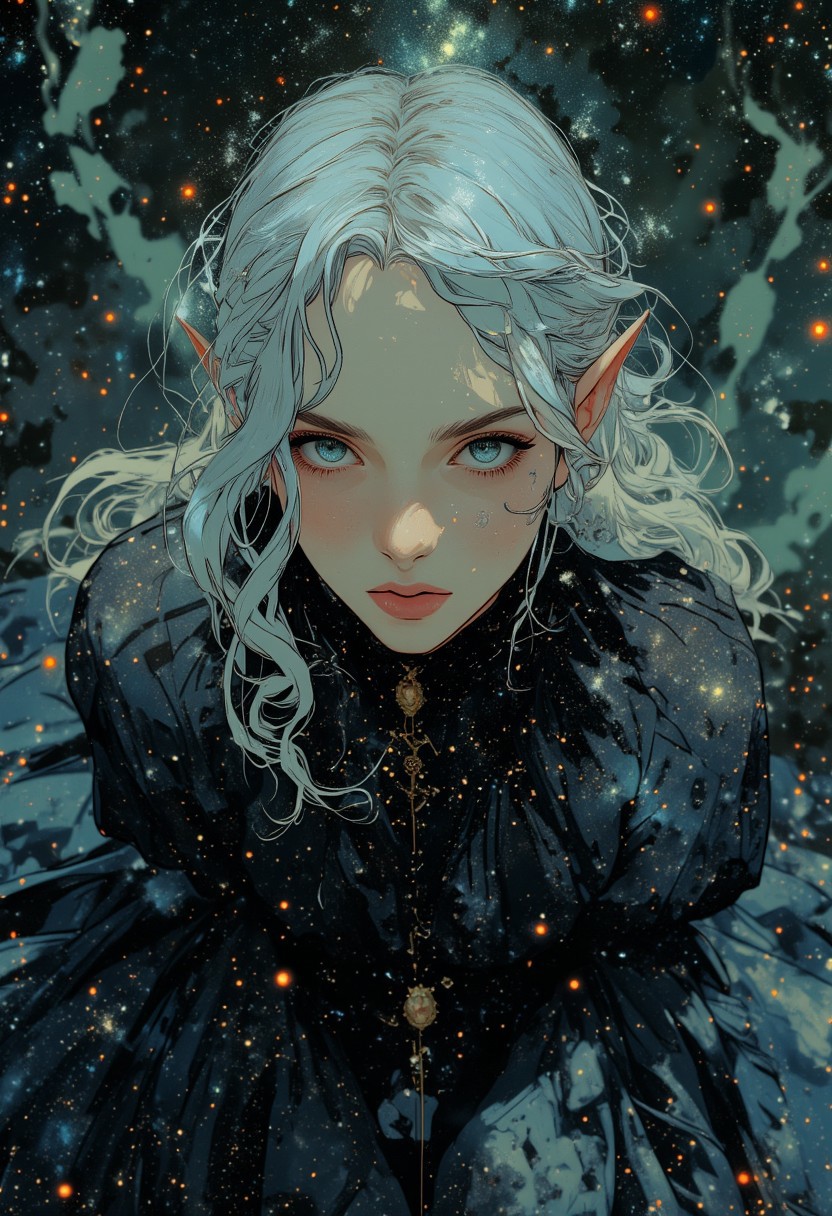 Top-down zoomed-in view of an elegant elf girl, her delicate face occupying most of the frame. She gazes downward with an ethereal expression, her long, silver-white hair flowing gracefully. Her pointed ears peek through the strands, subtly glowing with a soft light. Below her face, her standing body is visible but blurred, creating a dreamy depth effect. She wears a long, flowing black dress, almost like a wedding gown, but infused with cosmic beauty—its fabric shimmers with galaxies, distant nebulae, and sparkling stars, resembling a living night sky. The background is softly diffused, enhancing the mystical and surreal atmosphere, with a faint celestial glow outlining her figure.