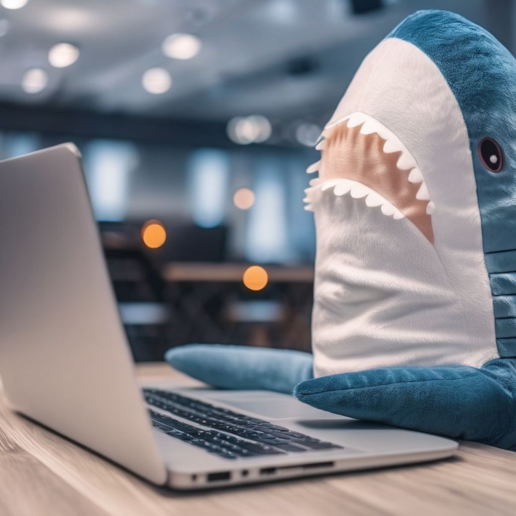cinematic photo blahaj <lora:BlahajXL:1>, stuffed shark, plush toy  working on laptop . 35mm photograph, film, bokeh, professional, 4k, highly detailed