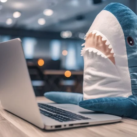 cinematic photo blahaj <lora:BlahajXL:1>, stuffed shark, plush toy working on laptop . 35mm photograph, film, bokeh, professional, 4k, highly detailed