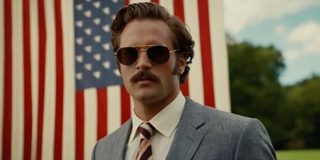 cinematic film still of <lora:cinematic vintage film:1>
a man in a tie and sunglasses standing in front of a flag cinematic vintage film style, shallow depth of field, vignette, highly detailed, high budget, bokeh, cinemascope, moody, epic, gorgeous, film grain, grainy