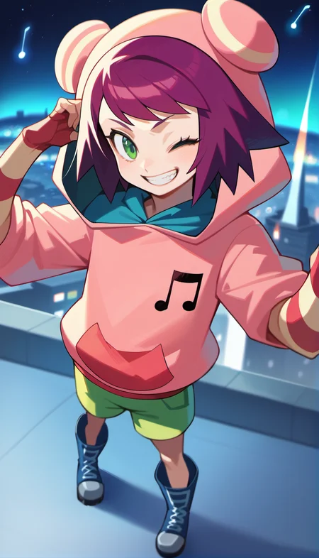 score_9,score_8_up,score_7_up,
<lora:soniastrumm:0.8>,
misorahibiki,
(realistic:1.1),highres,
1girl,solo,
purple hair,short hair,bangs,
green eyes,one eye closed,looking at viewer,
grin,
bear ears hooded hat,pink sweatshirt,a musical note printed on the hoodie,
long fingerless gloves,
green shorts,
blue boots,
full body,above,standing on roof of skyscraper,upper air,
blurry background,outdoors,night,starry background,shooting star,starry night,bloom,light particles,lens flare,cloud,lens flare abuse,planet,cityscape,aurora,