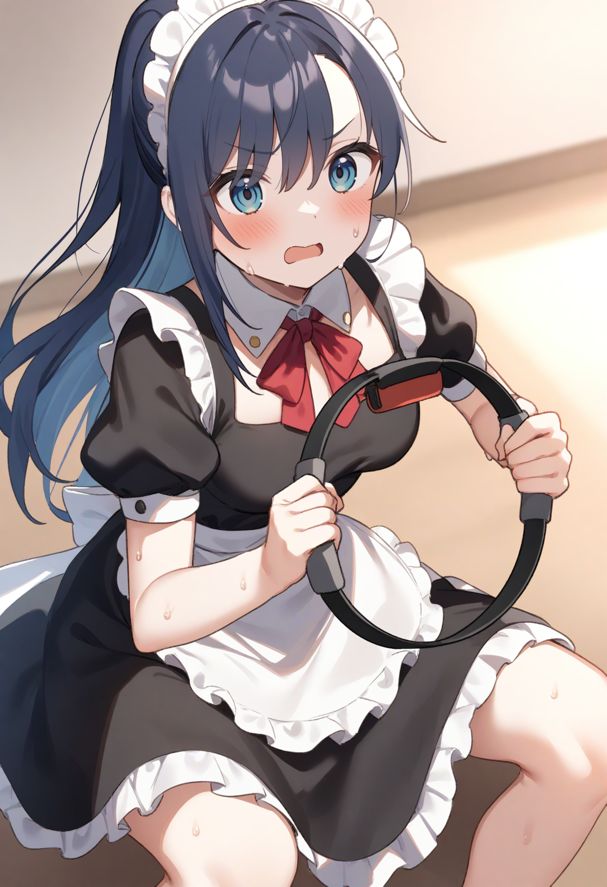 1girl,sincos, ningen mame, toosaka asagi,solo,medium breasts,20yo,maid,maid headdress,
ring fit adventure, wide squat, ring-con, sweat, holding,
<lora:ringfitadventure_XL_v1:0.8>
dutch angle, feet out of frame, looking up, blue hair, black eyes,anguish, open mouth, half updo hair,,
best quality, very aesthetic, absurdres