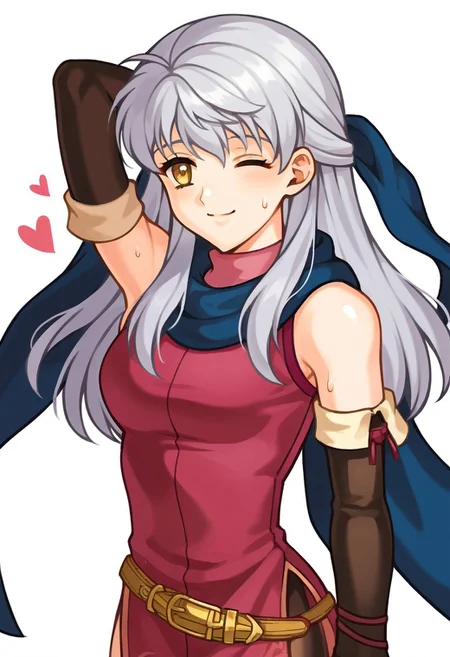 score_9, score_8_up, score_7_up, source_anime, 1girl, solo, pensive
<lora:zs_FE10PortraitsXL:1> fe10portraits, portrait, white background,
micaiahsummer, micaiahdef, grey hair, half updo, hair ribbon, red dress, sleeveless dress, side slit, belt, black gloves, elbow gloves, fingerless gloves, black pantyhose, boots, blue scarf, bracelet, bangle, bare shoulders, smile, arm behind head, armpits, sweat, grey hair, bent over, seduced face, closed mouth, heart, half updo, <lora:fireemblem_micaiah_ponyXL:1>, smile, stretched, heart, closed armpit, wink