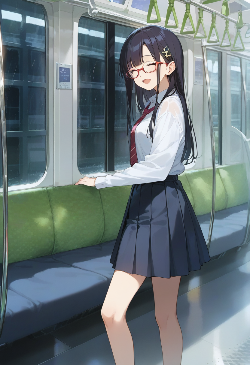 score_9, score_8_up, score_7_up, rating_safe, masterpiece, best quality, absurdres, unity 8k wallpaper, official art, official style, source_anime, game cg, megami magazine,  glasses,
1girl, solo, glasses, black hair, long hair, blue eyes, collared shirt, red necktie, pleated skirt, blue skirt, standing, smile, closed eyes, open mouth,  looking at viewer, 
e235, seat, close-up, scenery, rain, window, train interior, night, indoors, 
<lora:E235_PONY_V1:1>