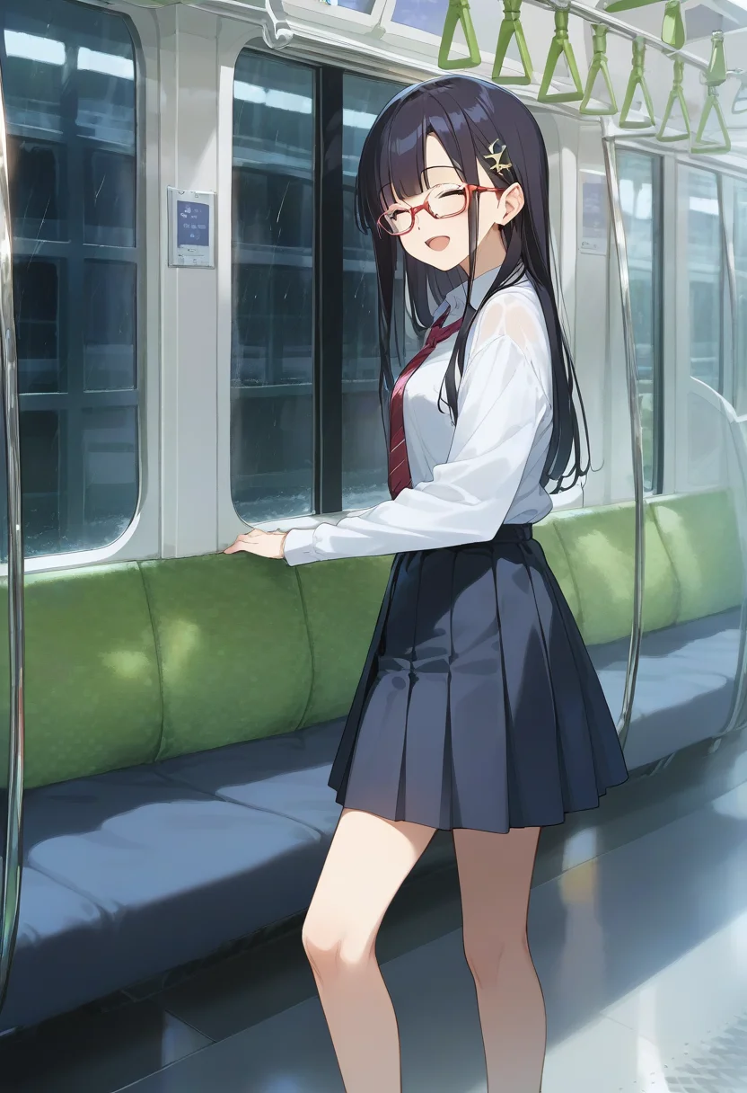 score_9, score_8_up, score_7_up, rating_safe, masterpiece, best quality, absurdres, unity 8k wallpaper, official art, official style, source_anime, game cg, megami magazine,  glasses,
1girl, solo, glasses, black hair, long hair, blue eyes, collared shirt, red necktie, pleated skirt, blue skirt, standing, smile, closed eyes, open mouth,  looking at viewer, 
e235, seat, close-up, scenery, rain, window, train interior, night, indoors, 
<lora:E235_PONY_V1:1>