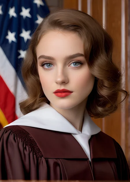 Photo of Scarlett Veridian wearing judges robes presiding over a courtroom, wooden gavel, Texas State Flag in background, <lora:PerfectEyesXL:0.5>, (detailed beautiful face, detailed, ultra-detailed body:1.1),best quality,photo-realistic,highly detailed,absurdres,cinematic lighting,hyper-realistic,sharp focus,32k resolution,detailxl,SimplePositiveXLv2,