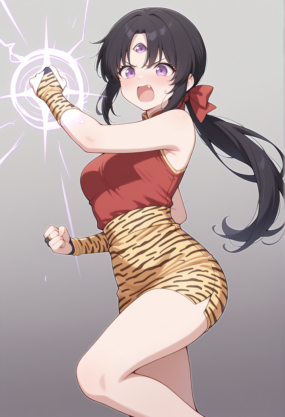 1girl. black hair, parted bangs, long hair, sidelocks, low ponytail, hair bow, third eye, purple eyes, bare shoulders, chinese clothes, bare legs, bare arms, angry, casting spell, open mouth, fang, bare shoulders, pencil skirt, bridal gauntlets, tiger print,<lora:Pai_3x3_eyes:1>, masterpiece, best quality, amazing quality, very aesthetic, absurdres, highres, newest