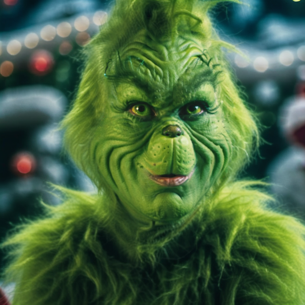 Grinch1024, a humanoid with green fur and green skin, closeup face portrait, christmas tree, livingroom, gifts,  detailed eyes, highly detailed, photography, ultra sharp, film, bokeh, professional, 4k <lora:Grinch1024-000400:0.8>