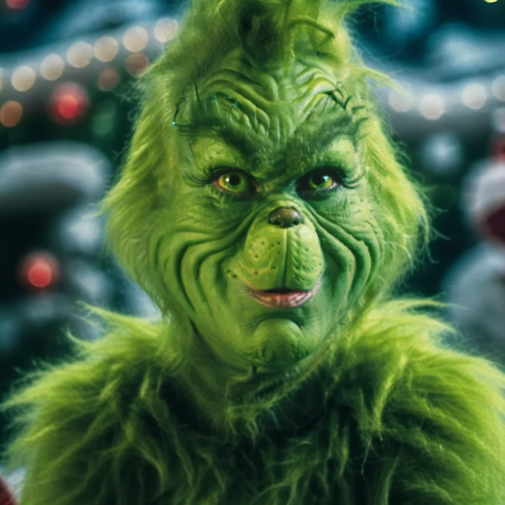Grinch1024, a humanoid with green fur and green skin, closeup face portrait, christmas tree, livingroom, gifts, detailed eyes, highly detailed, photography, ultra sharp, film, bokeh, professional, 4k <lora:Grinch1024-000400:0.8>