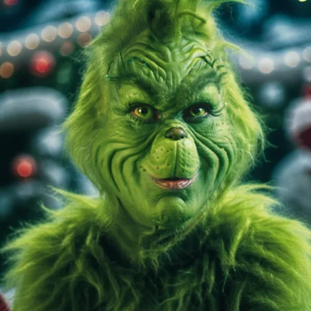 Grinch1024, a humanoid with green fur and green skin, closeup face portrait, christmas tree, livingroom, gifts, detailed eyes, highly detailed, photography, ultra sharp, film, bokeh, professional, 4k <lora:Grinch1024-000400:0.8>