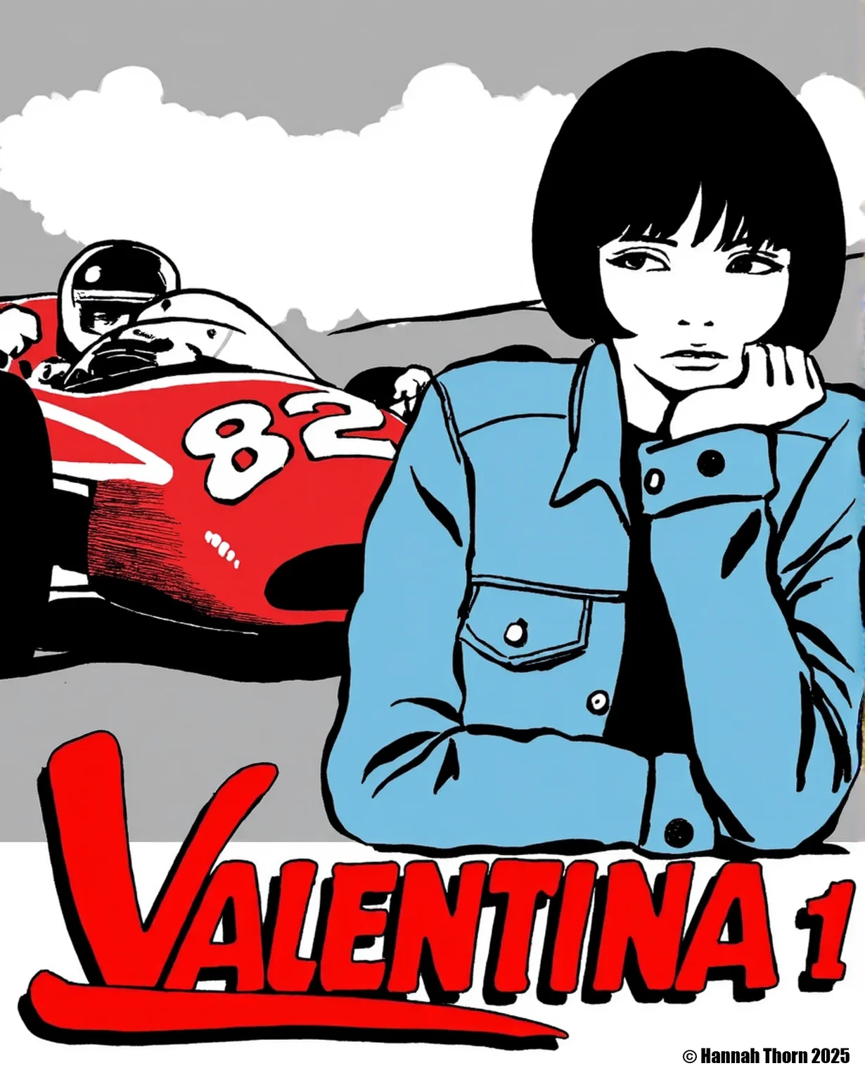 A digital illustration of a woman with a bob haircut, wearing a blue denim jacket, leaning on her left arm. The woman has a serious expression and is positioned in the center of the image. The background shows a red racing-car with the number 82 on it. The background is a grey and white gradient. The text "Valentina 1" is written in red at the bottom. The style is bold and stylized, with a focus on bold lines and vibrant colors.<lora:_Flux\Crepax_Valentina.safetensors:1.0:1.0>