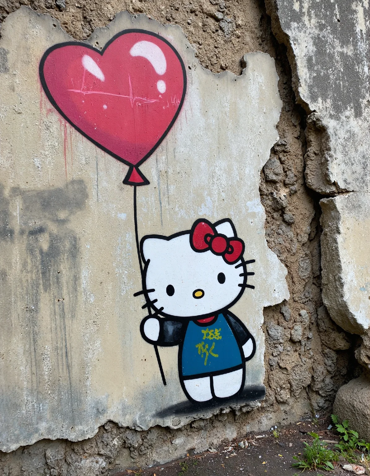 Detailed graffiti art of Hello Kitty holding a balloon, spray paint on aged, decayed concrete wall, faded colors with dripping effect, rough texture, urban decay aesthetic, high contrast, photorealistic rendering