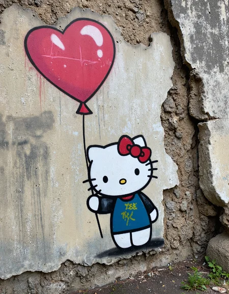 Detailed graffiti art of Hello Kitty holding a balloon, spray paint on aged, decayed concrete wall, faded colors with dripping effect, rough texture, urban decay aesthetic, high contrast, photorealistic rendering